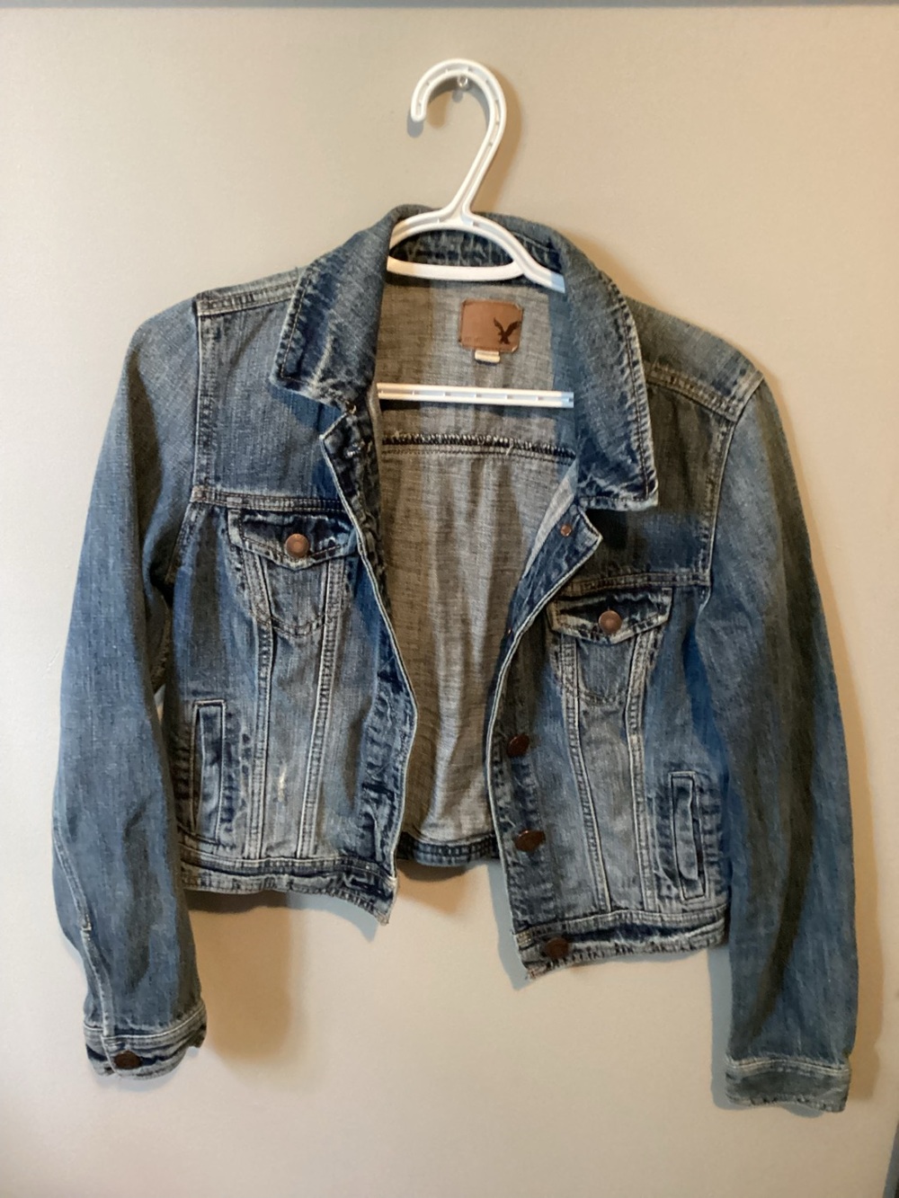 American Eagle Denim Jacket with Leather Logo Patch - Dark Wash Blue